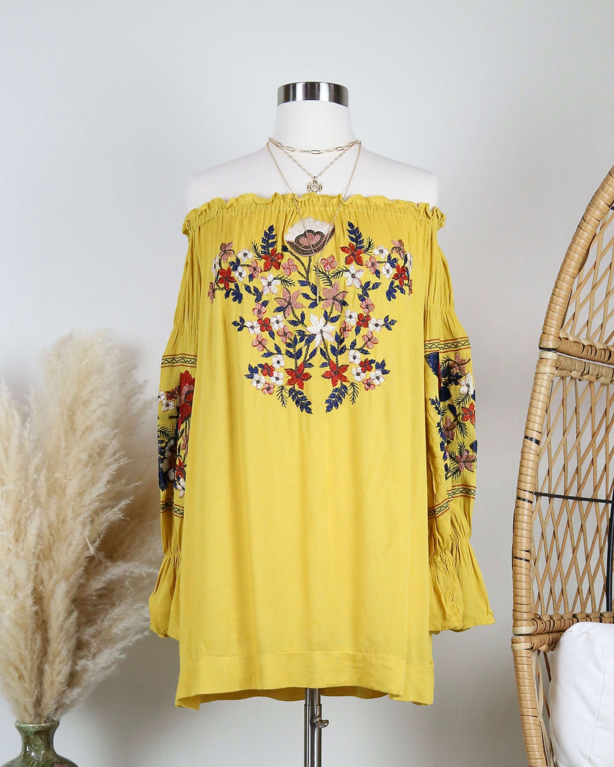 OfftheShoulderEmbroideredDressinMUSTARD1